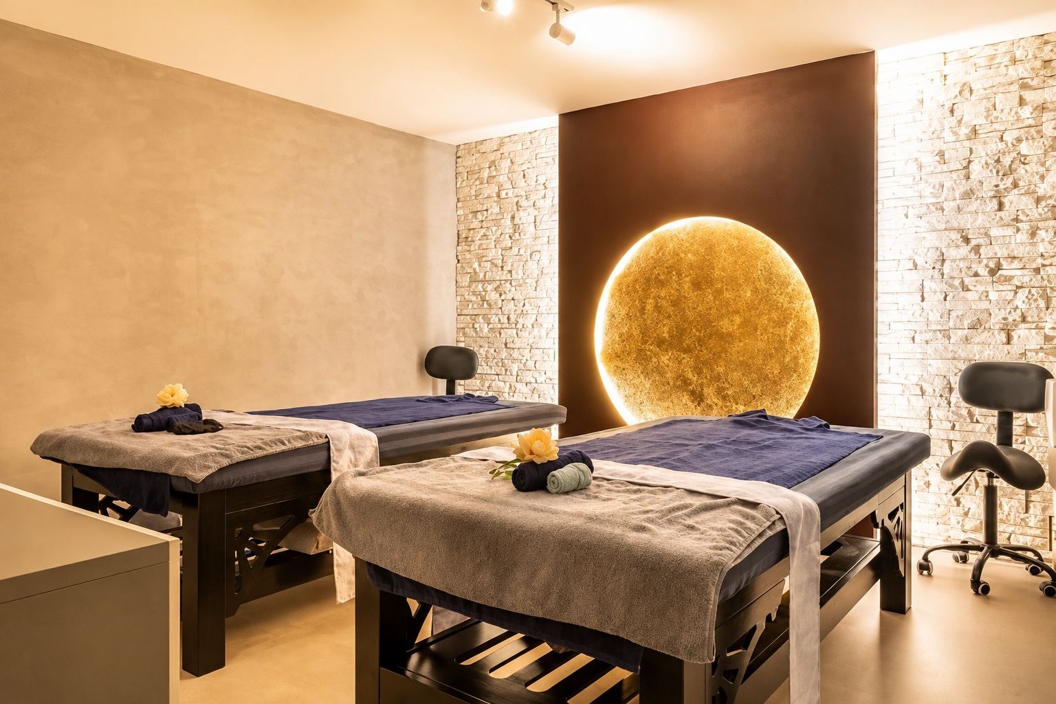 Massage table with folded towels in a candle-lit spa room